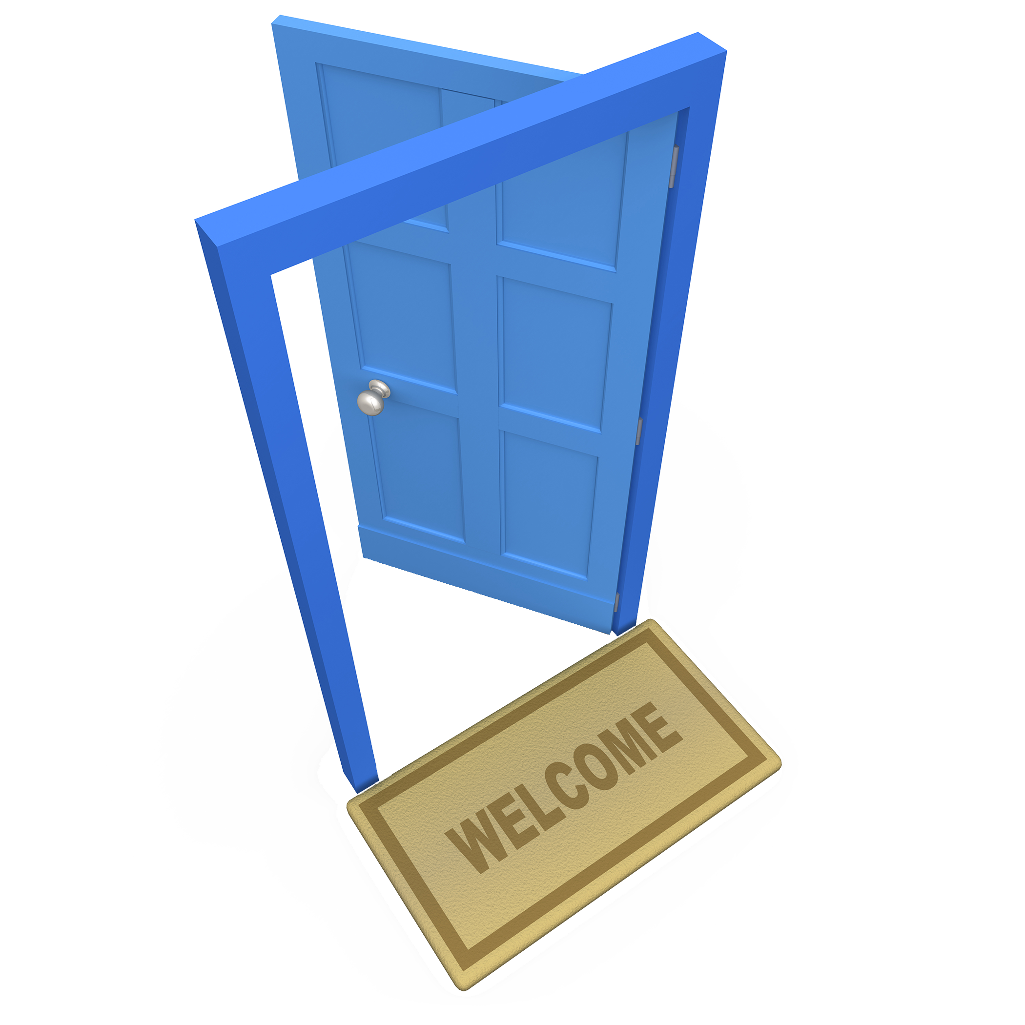 open blue door with welcome mat